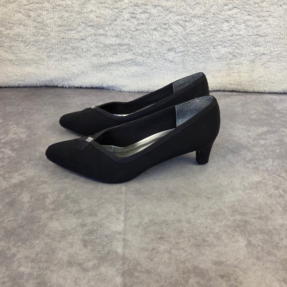 LifeStride W-9W Black Fabric Pointed Toe Kitten Heel Pumps with Bow Rhinestone